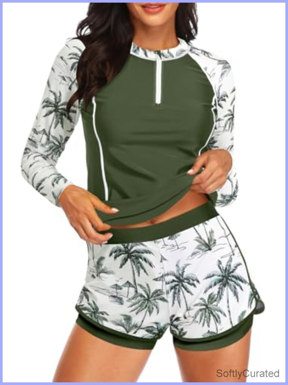 Long Sleeve Rash Guard 2 Piece Swimsuit with Shorts Zip Up UPF 50+